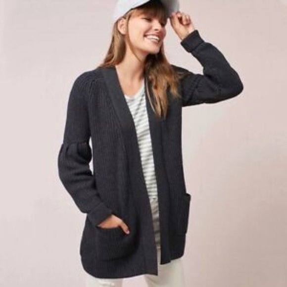 ANTHROPOLOGIE KNITTED & KNOTTED DARK Gray MAJELLA Open Front WOOL BLEND CARDIGAN - Picture 2 of 8
